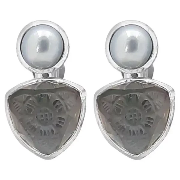 Hand Carved Natural Quartz and Mother of Pearl Clip Earring in Sterling Silver.
