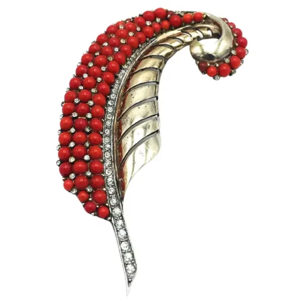 MB BOUCHER STERLING GOLD PAVE and corall Cabochons curling leaf brooch, 1946's.