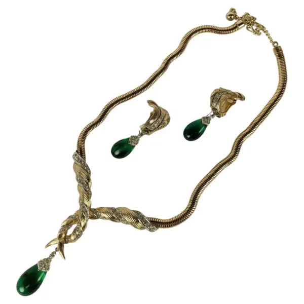 Marcel Boucher Gilt Pave Emerald Drop Necklace and Earrings.