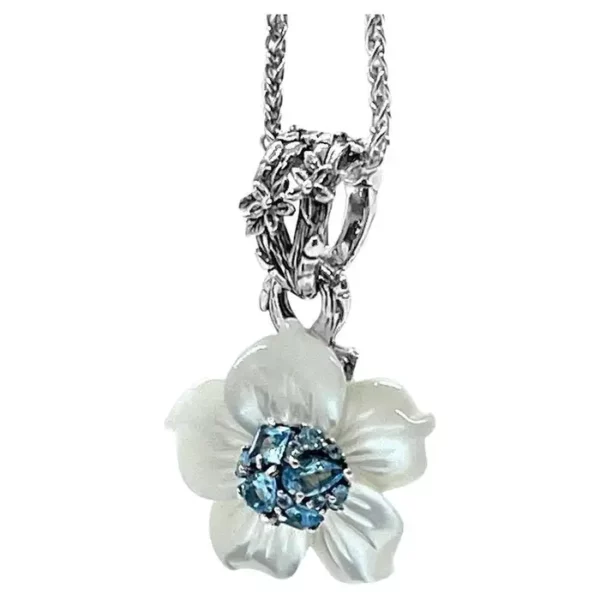 Medium White Mother of Pearl Flower Pendant with Swiss Blue Topaz.