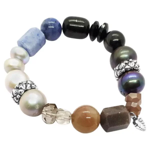 Peacock, Pearls, Lapis, Smoky Qtz, Agate & Moonstone Bracelet in Sterling Silver.