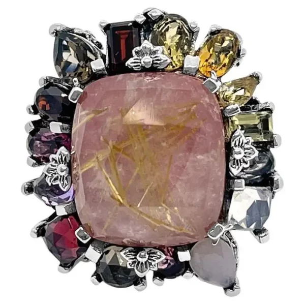 Rockrageous Gold Rutilated Quartz, Pearl, Rhodonite, Citrine Cluster Ring.