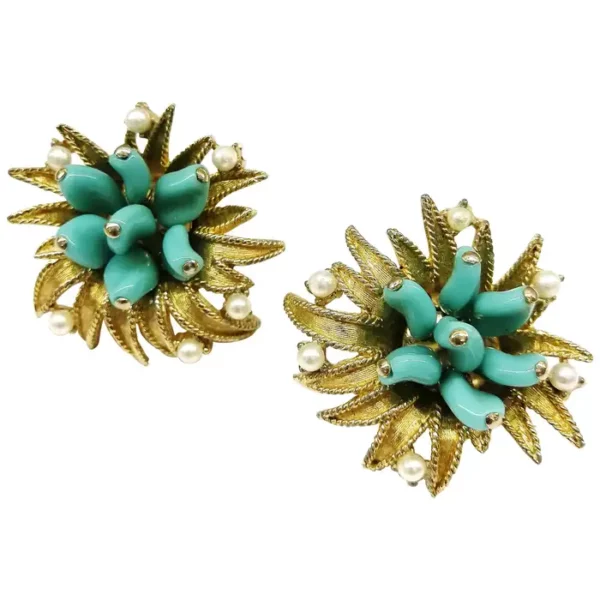 Turquoise glass, paste pearls and gilt metal earrings, Marcel Boucher, 1960s.