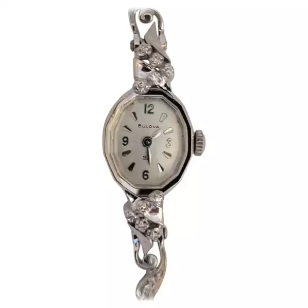 14kt White Gold Bulova Diamond Watch Ladies Serviced Working Warranty Art Deco.