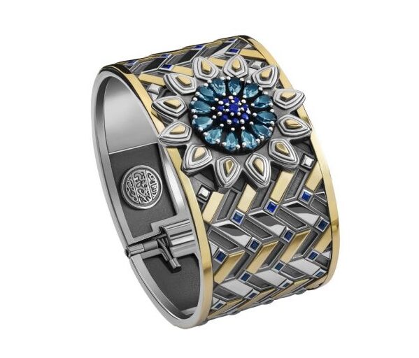 18kt Gold and Sterling Silver bangle inspired by patterns found in the the Mausoleum of Sultan al Mansur Qalawun.