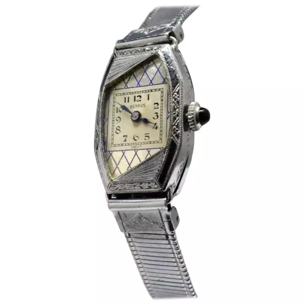 1930s Ladies Art Deco White 14 Karat Gold Enamel Watch.