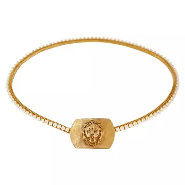 1980s Anne Klein For Accessocraft Lion Head Stretch Belt with Pearls, Signed.