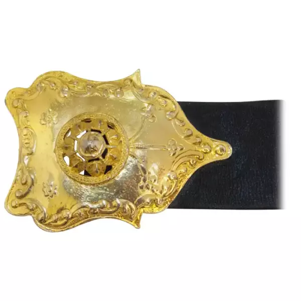 70s Alexis Kirk Black Leather Belt with Exotic Gold Buckle.