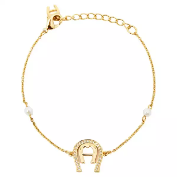 Aigner Crystal Faux Pearl Gold Tone Bracelet.