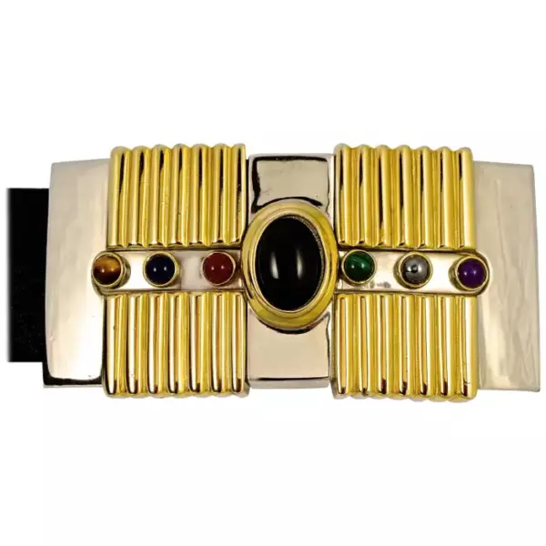 Alexis Kirk Black Leather Belt with Semi Precious Stones Buckle circa 1980s.