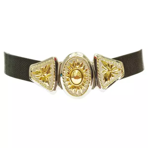Alexis Kirk Black Leather Snakeskin Belt with Gold Plated Silver Plated Buckle.