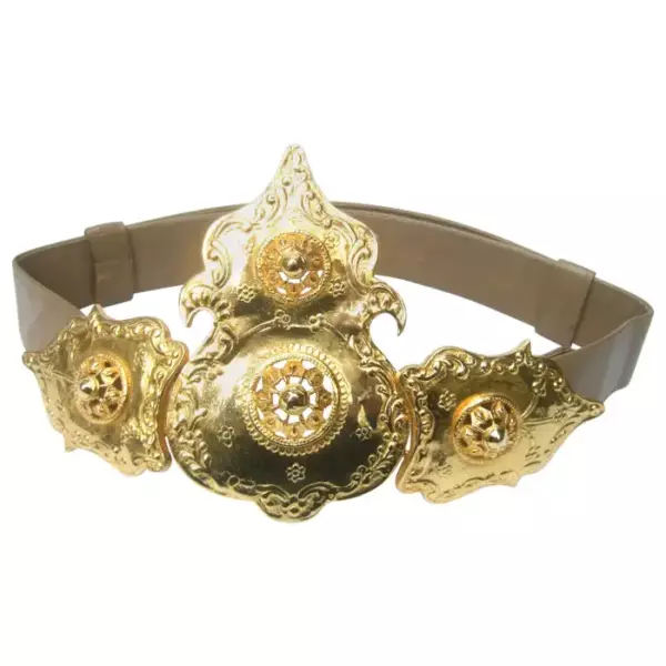 Alexis Kirk Massive Etruscan Gold Buckle Statement Belt c 1980s.