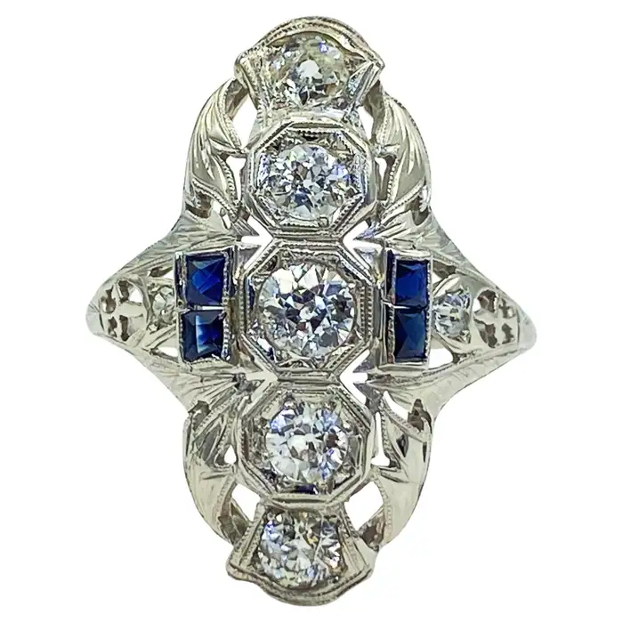Antique Art Deco 1.5cttw Diamond + Sapphire 18k Gold Shield Cocktail Ring, 1920s.