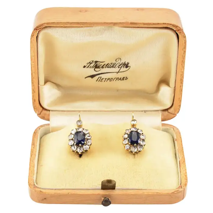 Antique Russian Sapphire Diamond Gold Cluster Earrings.