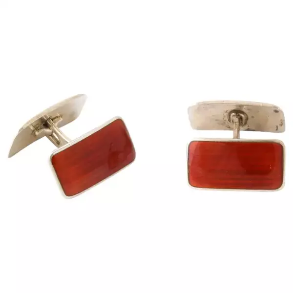 Art Deco Sterling and Carnelian Guilloche Enamel Cufflinks by Ansel Holmsen.