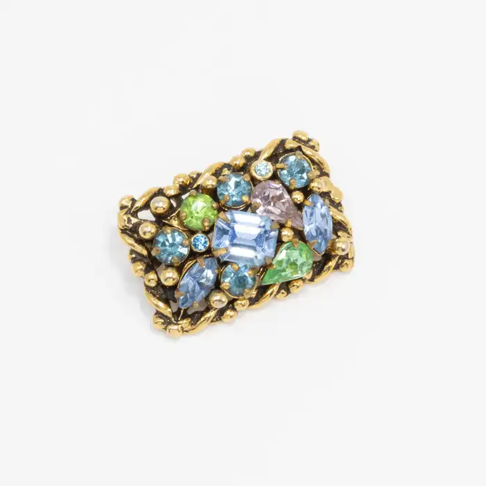 Barclay Gold Jewels of India Collection Pin Brooch, Aquamarine, Peridot Crystal.