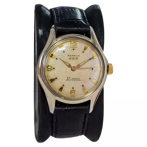 Benrus Gold Filled Art Deco Watch Automatic with Original Patinated Dial 1950's.