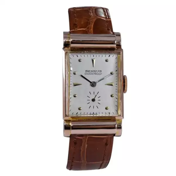 Benrus Solid Rose Gold Art Deco Tank Style Watch from 1940's.