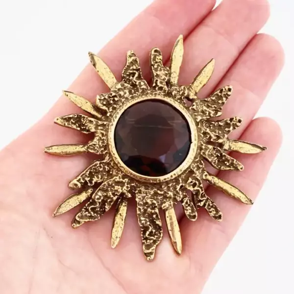 Brutalist Sunburst Brooch With Smokey Topaz Crystal By Accessocraft, 1970s.