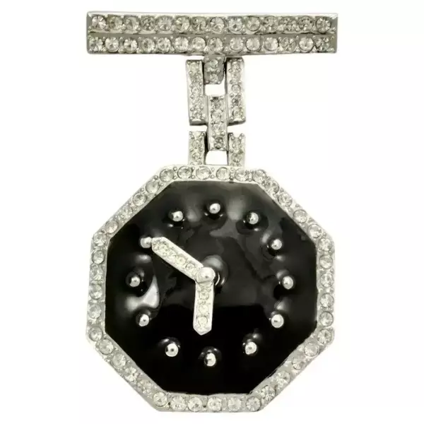 Butler & Wilson Large Black Enamel Clock Brooch with Clear Crystals circa 1980s.