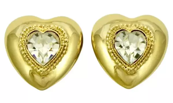 Butler & Wilson Large Gold Plated Heart Earrings with Clear Crystals circa 1980s.