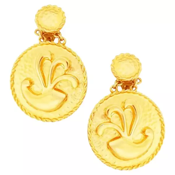 Heavy Gilt Etruscan Duchess of Windsor Medallion Drop Earrings By Alexis Kirk.