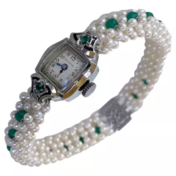 Marina J. Emerald Encrusted Vintage Watch with Pearls and 14k White Gold.