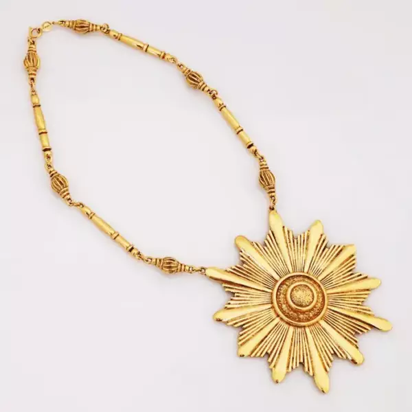 Massive Runway Gold Sunburst Pendant Necklace By Accessocraft, 1960sю