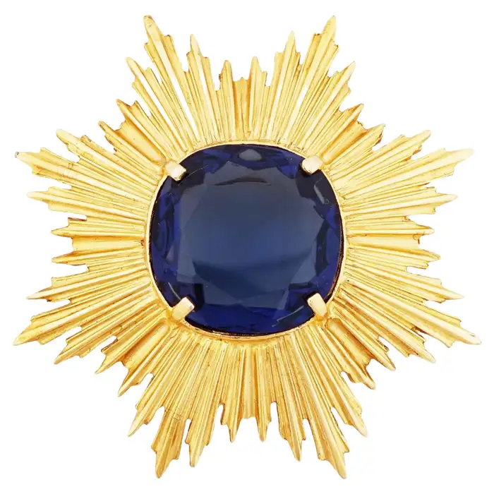Oversized Gold Sunburst Brooch With Blue Sapphire Crystal By Accessocraft, 1970sю