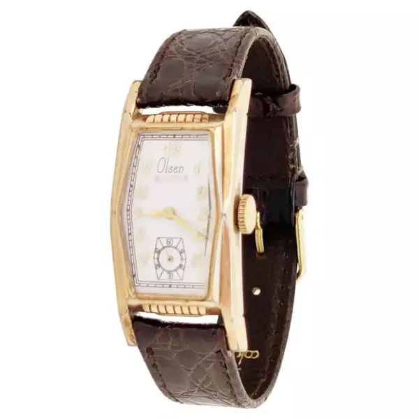 Rectangular Art Deco Style Olsen Watch with Leather Strap by Benrus, 1930s.