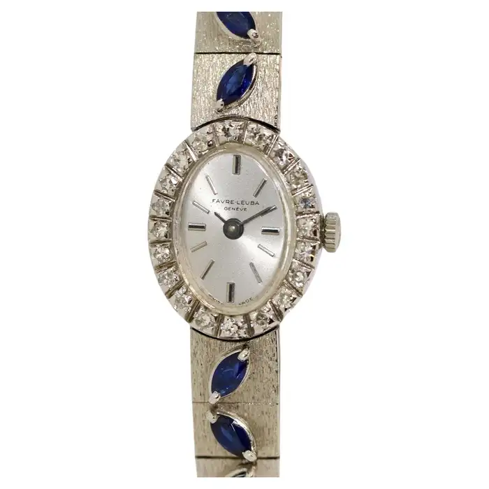 White Gold Ladies Wrist Watch by Favre Leuba, with Diamonds and Blue Sapphires.