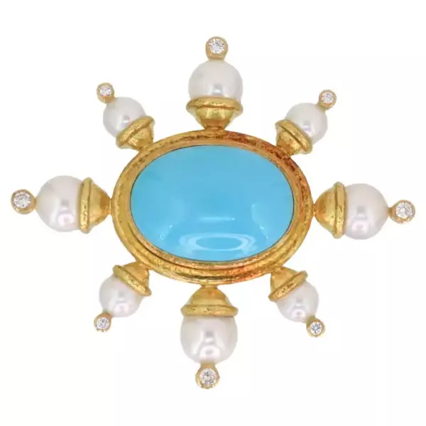 18k Yellow Gold Elizabeth Locke Turquoise Diamond Pearl Fur Brooch.