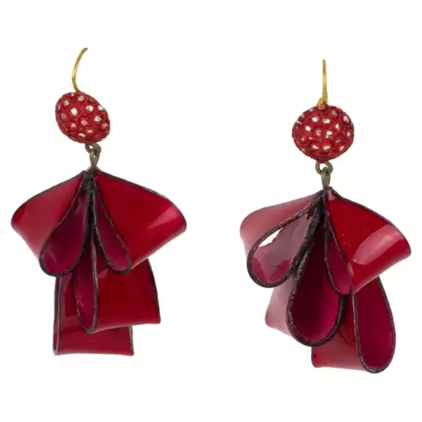 Cilea Paris Dangle Resin Pierced Earrings Ruby Red Ribbon.