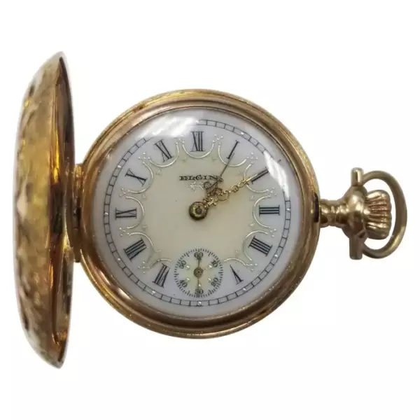Circa 1891 Beautiful Antique Elgin Pocket Watch 14k Solid Gold Case White Dial.