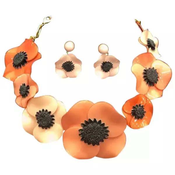 Designer Signed Ciléa Paris Pink Poppy Flower Necklace and Clip Earrings France.