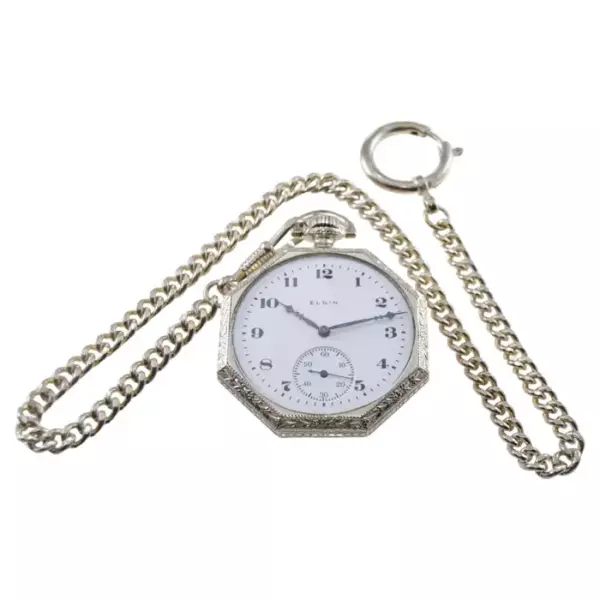 Elgin White Gold Filled Art Deco Pocket Watch from 1923 with Matching Chain.