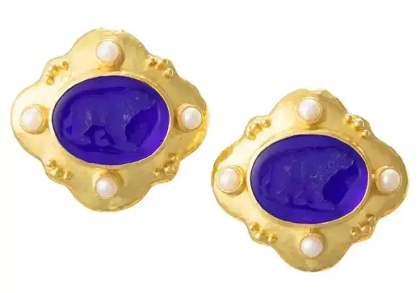 Elizabeth Locke 19k Gold Dark Blue Bear Intaglio Pearl Earrings.
