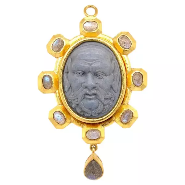 Elizabeth Locke Carved Lava and Moonstone Gold Brooch Pin Estate Fine Jewelry.