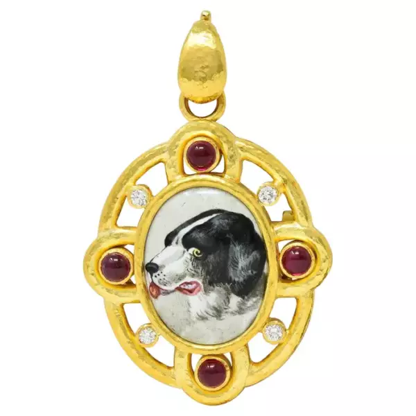 Elizabeth Locke Diamond Ruby Enamel 19 Karat Gold Dog Pendant Brooch.