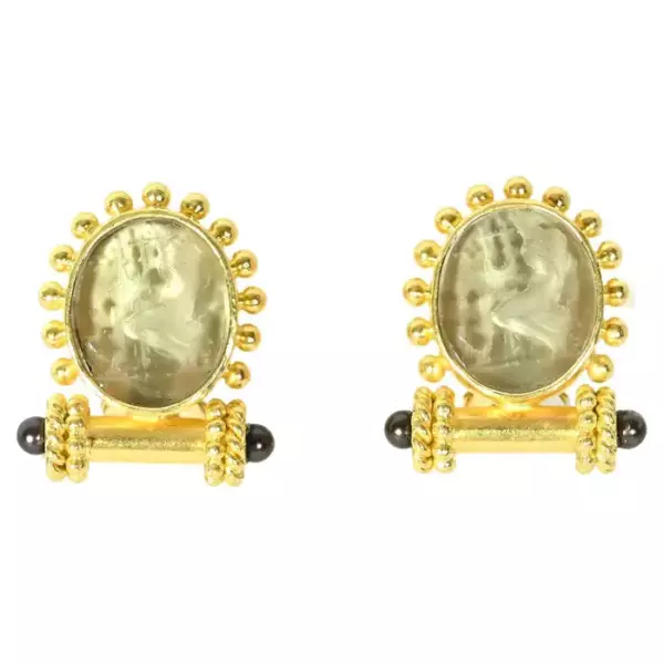 Elizabeth Locke Intaglio Earrings of Woman Playing a Lyre.