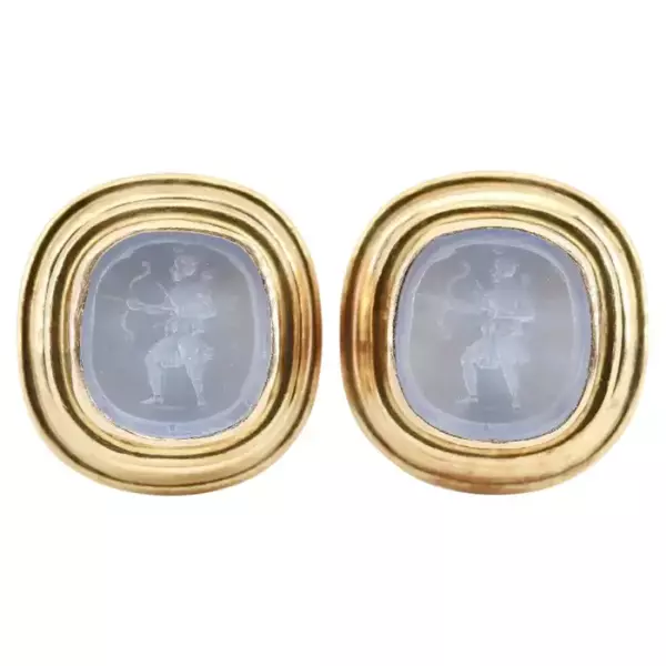 Elizabeth Locke Light Aqua Archer Cushion Shaped Venetian Glass Intaglio Earring.