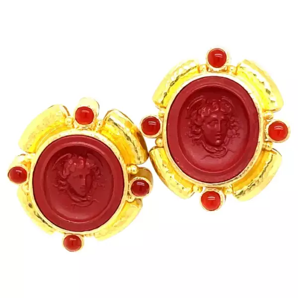 Elizabeth Locke Yellow Gold Carnelian Intagiio Earrings.