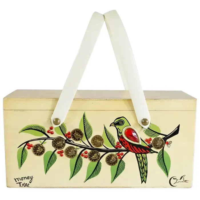 Enid Collins Beige Wood Money Tree Painted Bag with Coins 1960's.
