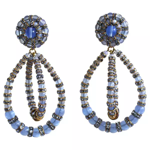 Francoise Montague Large Lolita Blue Glass and Crystal Clip Earrings.