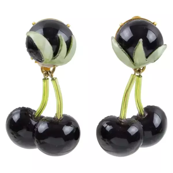 Francoise Montague Paris by Cilea Clip Earrings Black Resin Cherries.