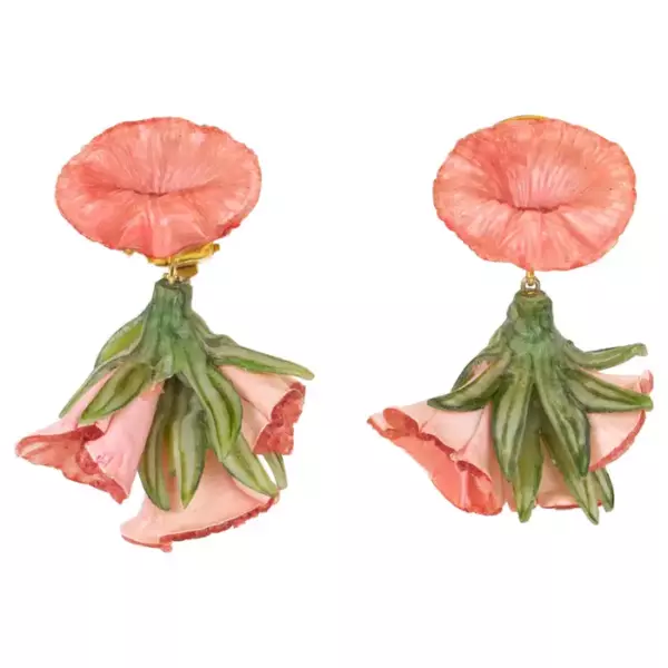 Francoise Montague by Cilea Clip Earrings Pink and Green Resin Flowers.
