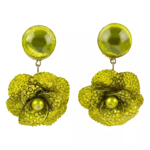 Francoise Montague by Cilea Resin Clip Earrings Green Poppy Flower.