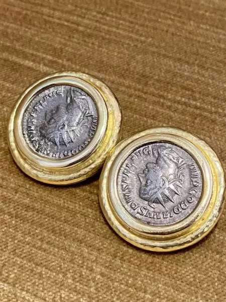 Large Elizabeth Locke Coin Button Earrings in 18k Yellow Gold.