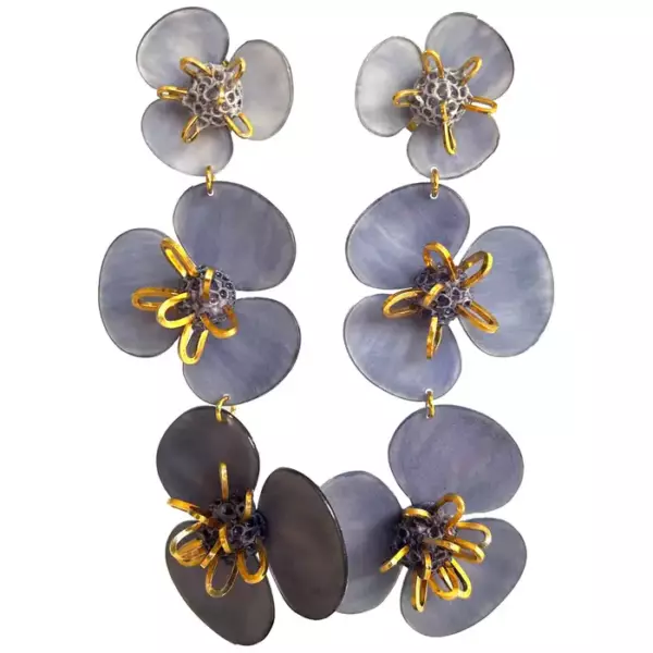 Lavender and Gold Triple Flower Dangle Earrings.