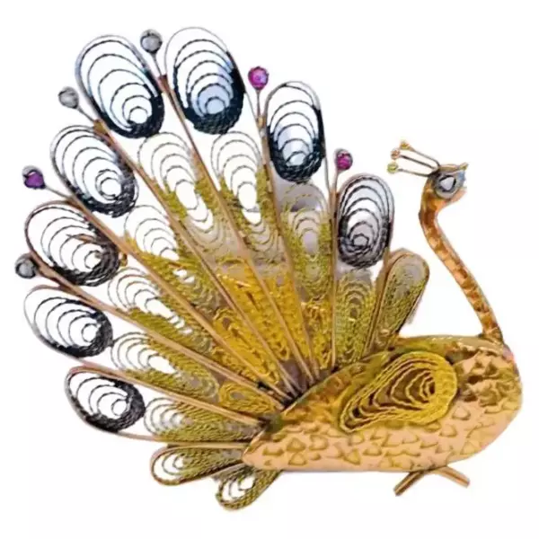 Antique Ruby And Diamond Peacock Gold Brooch.